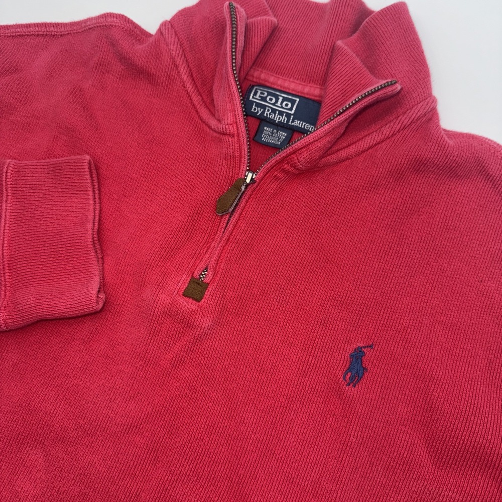 Polo Ralph Lauren Sweater Men Medium Red Solid Cotton Quarter Zip Sweatshirt VTG